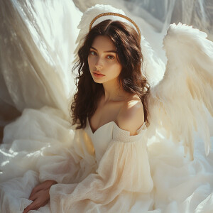 A serene woman with flowing dark brown hair, dressed in an ether...