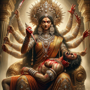 portrait of angry looking goddess durga, sitting on a gold crown...