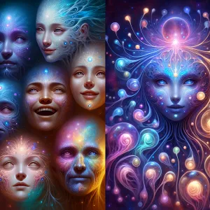 A shimmering, ethereal extraterrestrial being, glowing with othe...