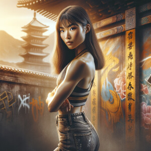 Athletic Thin skinny Attractive, Asian teenage girl, long brown hair and bangs, wearing tight skinny jeans and a halter top paint marks on her clothing, heroic pose Asian graffiti background, backside view