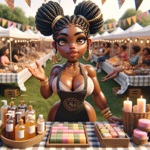 "Envision a digital painting of a vibrant African American chibi character, boasting an athletic yet curvy build. She has wide almond-shaped eyes and luscious full lips. Her hair is elegantly styled into an updo of locs, each adorned with shiny golden cuffs. She stands proudly behind a booth at a bustling craft fair, surrounded by her own handmade colorful soaps and aromatic candles. She wears a branded apron over a cheerful summer dress, actively engaging with customers. The perspective of the artwork is dynamic, with the craft table positioned at an inviting angle, allowing a three-dimensional view of the varied products. Banners flutter above her, displaying the brand name in a festive font. This scene is alive with the fair's energetic atmosphere, focusing on the rich interactions between the creator and her patrons, and showcasing the intricate textures and vivid colors of the crafts."