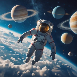 Show me flying through the air into outer space around the plane...