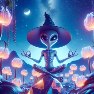 A stylized 2D illustration of an alien witch meditating on a cry...