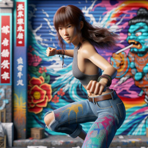 Athletic Thin skinny Attractive, Asian teenage girl, long brown hair and bangs, wearing tight skinny jeans and a halter top paint marks on her clothing, heroic pose Asian graffiti background, backside view