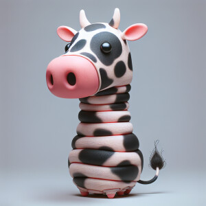 Visualize a unique cow with a big head, thick horns, and distinc...