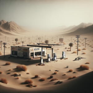 create an old abandoned gas station with visible pumps on the si...