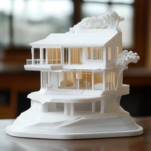 3D printed scale model of a house being displayed as art