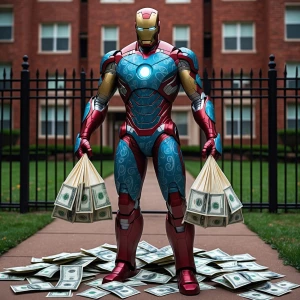 Iron Man in a paisley-patterned blue armor suit stands with a bag of money in each hand, with loose bills strewn at his feet, against the backdrop of a red brick apartment complex encircled by a black wrought iron gate.