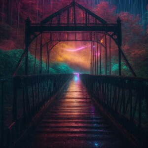 Lazer rain , chrome waves haunted bridge,  8k resolution, HDR, m...