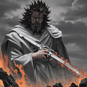 Standing in the clouds above a city.   Holding a huge sword.  Su...