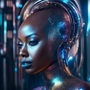 Generate a computer AI cyborg holographic image of a futuristic...