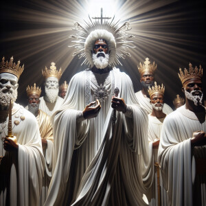 Surrounded by many black men in crowns.  A majestic and powerful...