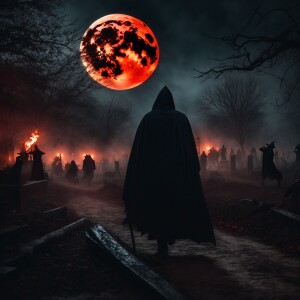 The Grim Reaper, shrouded in a tattered black cloak, scythe in h...