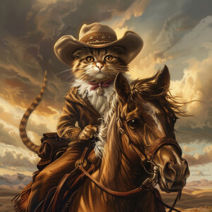 A cat with a cowboy hat on a head riding a horse