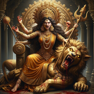portrait of angry looking goddess durga sitting on a gold crown...