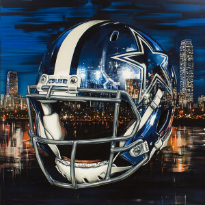 Dallas Cowboys helmet, Dallas skyline behind the helmet.