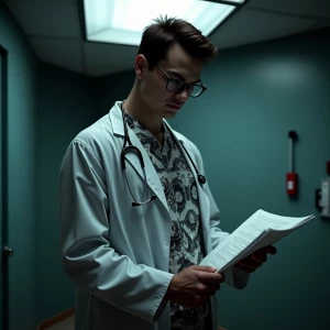 "An evil-looking young  doctor stands under harsh fluorescent li...