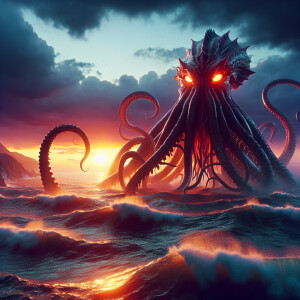 An immense mythical kraken emerges from the turbulent ocean wave...
