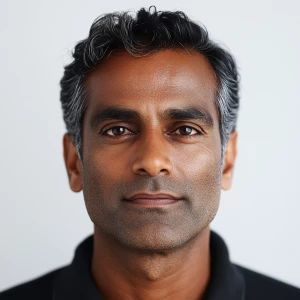 Generate an image of a 55-year-old Indian American man with a cl...