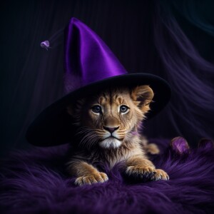 A baby lion wearing a with black and purple witches hat