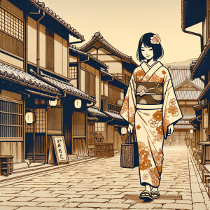 A young woman in kimono walking in kyoto road in year 1970