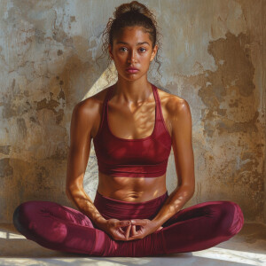 Photo of fair skinned young brunette woman wearing yoga outfit i...