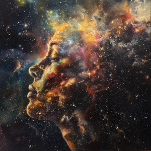 Cosmic Dreamscape: Blend a human profile with images of galaxies...