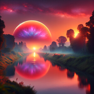 The image depicts a stunning landscape: a tranquil river flows b...