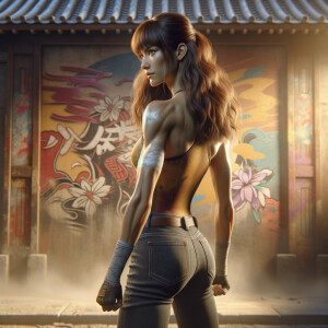 Athletic Thin skinny Attractive, Asian teenage girl, long brown hair and bangs, wearing tight skinny jeans and a halter top paint marks on her clothing, heroic pose Asian graffiti background, backside view