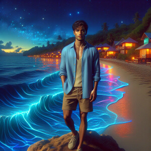 3D image of a beautiful night at the beach. There are glowing li...