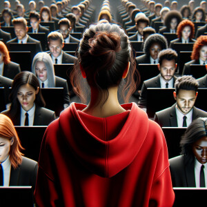 Backside profile of a young woman wearing red hodie, surrounded by peoples with black suits who work in front of computer screens