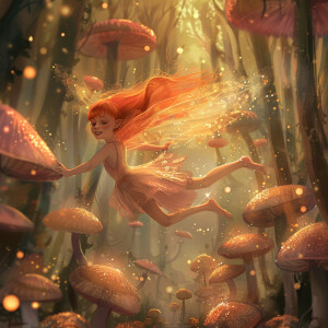 A whimsical light ginger haired fairy flying through the mushroo...