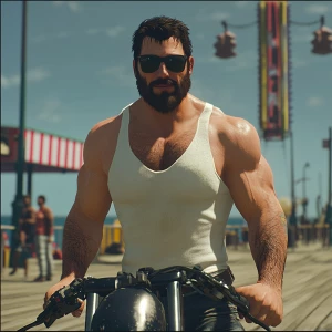 White muscular thin man with beard, big chin, smile and cheekbon...