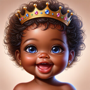 "Create a digital portrait of an adorable african-American baby girl with a joyful expression. She is wearing a gold crown with colorful jewels. Her big, bright blue eyes are wide with wonder, and her tiny mouth is shaped in a happy grin. Her skin has a warm, honey-brown tone, and she has an abundance of thick curly black hair, The background is soft and neutral to keep the focus on her delightful features. The portrait should be vibrant and heartwarming, celebrating the innocence and charm of childhood."