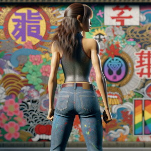 Athletic Thin skinny Attractive, Asian teenage girl, long brown hair and bangs, wearing tight skinny jeans and a halter top paint marks on her clothing, heroic pose Asian graffiti background, backside view