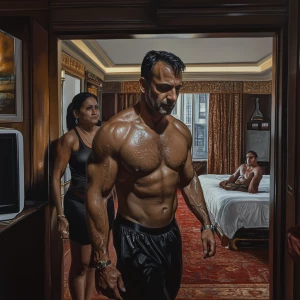 Photorealism,realism style, a muscular, sweaty man entering a Ne...