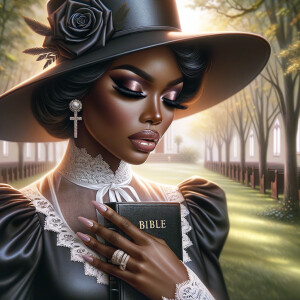 Render an airbrush oil painting of an African American woman with flawless makeup in a
contemplative pose, holding a Bible close to her heart, dressed in an elegant Sunday Best
outfit with a distinctive Church Hat. The background features a peaceful church garden,
with light filtering through the trees, highlighting her spiritual connection and the personal
moment of reflection. The artwork should capture the tranquility of the scene, the beauty
of her attire, and the depth of her contemplation, reflecting a serene and spiritually