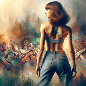 Athletic Thin skinny Attractive, Asian teenage girl, long brown hair and bangs, wearing tight skinny jeans and a halter top paint marks on her clothing, heroic pose Asian graffiti background, backside view