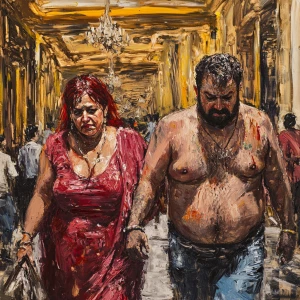 Dynamic painting.A sweaty beefy man walking with his 54 year old...