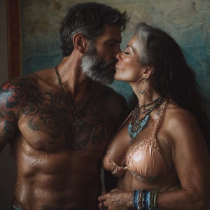 Hyperrealism ,a latin muscular beefy bearded tattoed sweaty ma...
