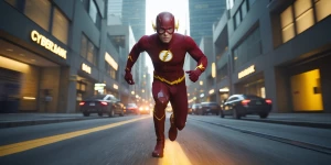 Quero um vídeo do the flash correndo em uma cidade cyber bank