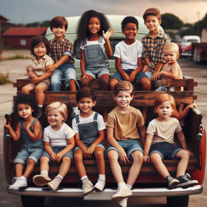 12 young American kids in the truck bed of a 1950’s truck
