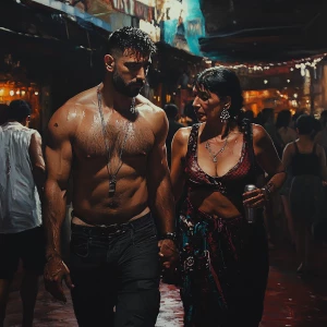 Hyperrealism ,a muscular beefy sweaty man walking with his 50 y...