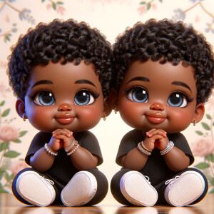 Imagine a pair of adorable, 3D animated african-American, infant twins with radiant blue eyes and curly black hair, posed with their chubby cheeks resting in their hands. They're dressed in simple yet stylish black onesies. Delicate jewelry adorns their wrists. They're seated comfortably with white sneakers on their feet. The background is a soft pastel floral pattern, creating an atmosphere of innocence and charm, without any text present in the image.