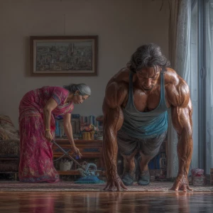 Hyperrealism digital painting ,a indian muscular beefy sweaty...