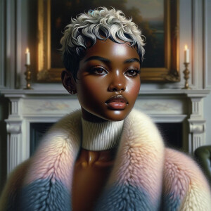 a full body veiw of a colorful gloss hyper realistic oil painting of a regal beautiful light skinned afro  American girlwith beautiful pixie cut one side of hair is black and the other side  of her hair white slick baby hair and furry white and pink and blue furry coat and outfit under the coat standing in living room with fireplace