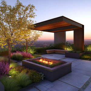 Create a design for a contemporary rooftop garden that includes...