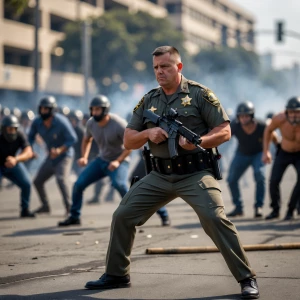 A solitary sheriff's deputy,in Los Angeles, poised and determin...