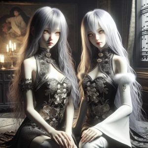 Create an image of two girls with long, disheveled silver hair (...