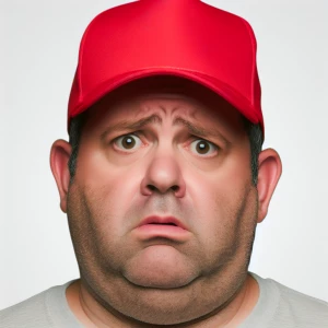 A very confused concerned fat middle aged man with a red basebal...